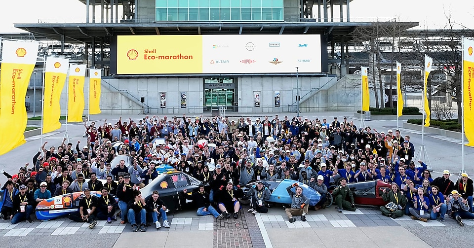 Shell Ecomarathon is back on the track, all the students posing with flags, and their hyper efficient cars