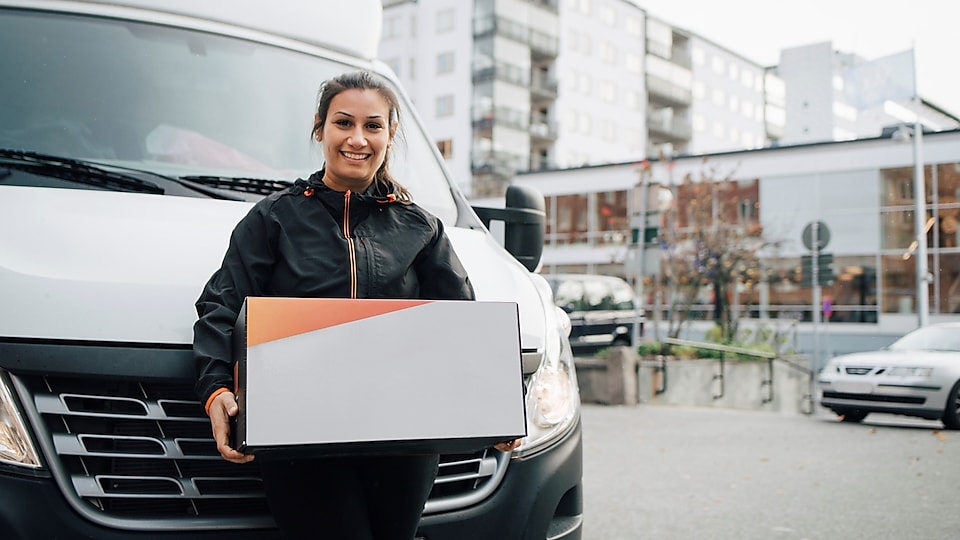 Image of lady carrying a box near a van