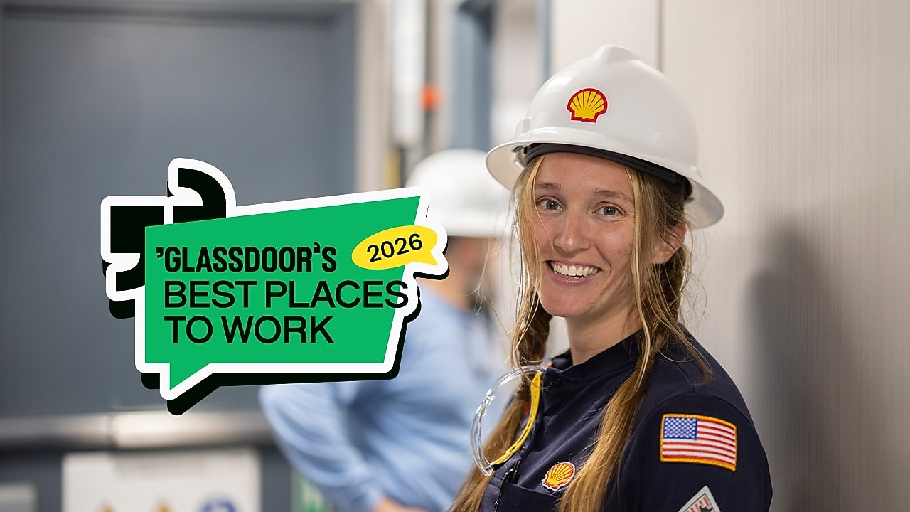 A Shell employee wearing protective gear stands in an industrial setting, with a “Glassdoor’s Best Places to Work 2026” badge displayed on the image.