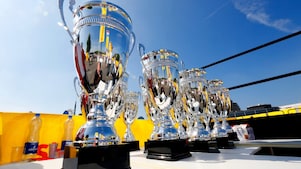 A collection of trophies at the Shell Eco-Marathon.