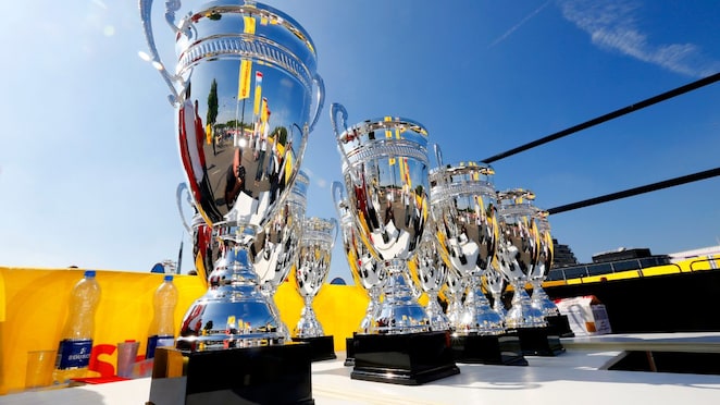 The cups for the winners shine, just before the award ceremony, of the Shell Eco-marathon Europe 2014, Sunday, May 18, 2014, at the Ahoy Center in Rotterdam, Netherlands.