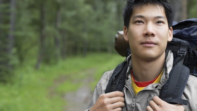 Portrait of Asian male backpacker in the woods