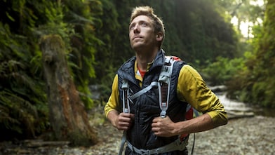 young man hiking through the Redwood forest.