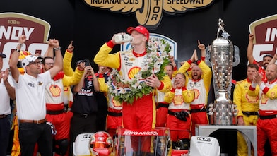Newgarden celebrating back to back Indy 500 win