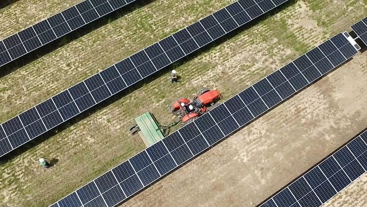 overhead view of farming tractor pulling a combine between rows of solar panels.