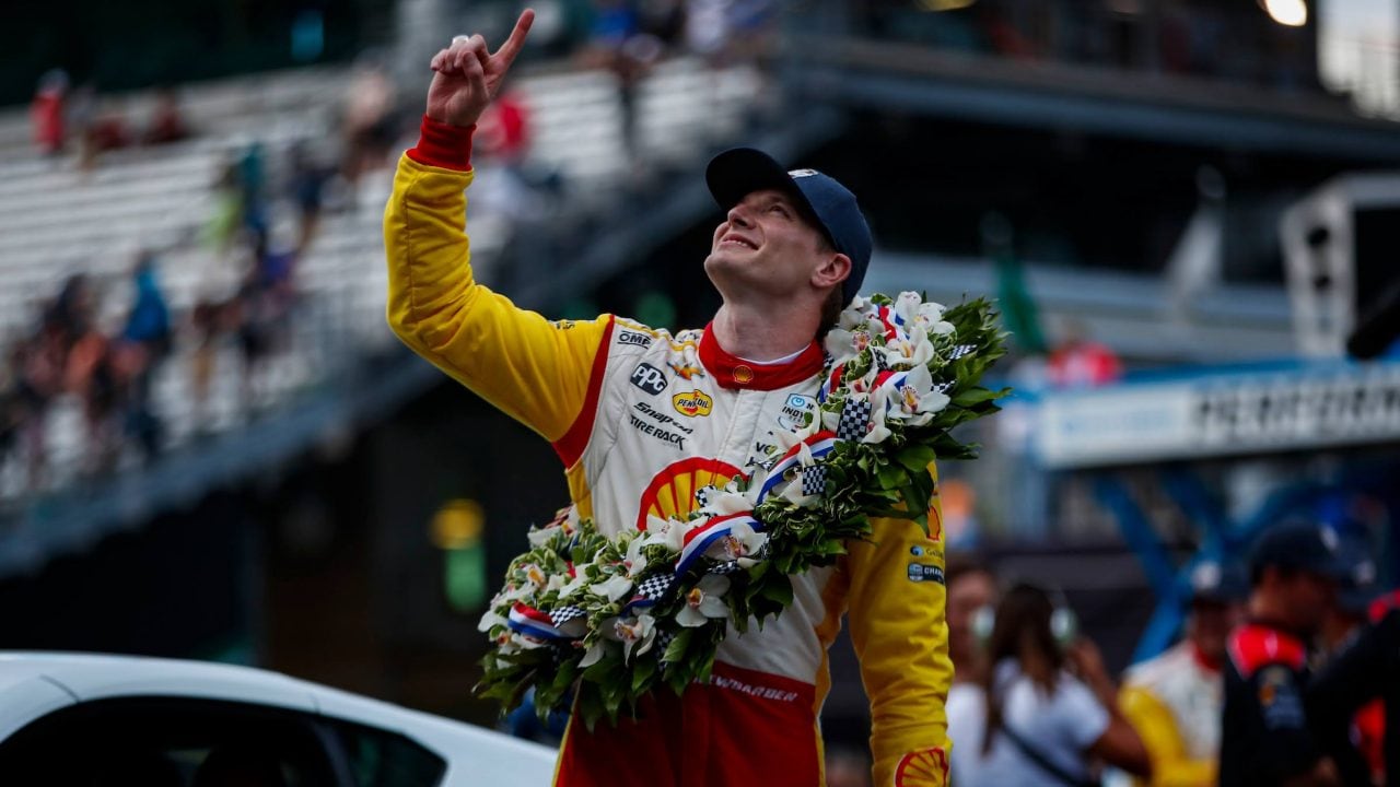 Newgarden celebrates after winning the 107th Indy 500