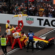 Newgarden makes his way to fans to celebrate his big win.