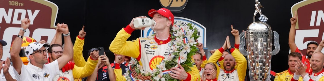 Newgarden celebrating back to back Indy 500 win