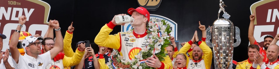 Newgarden celebrating back to back Indy 500 win