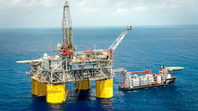 wide-shot of flotel positioned next to Shell deep-water asset
