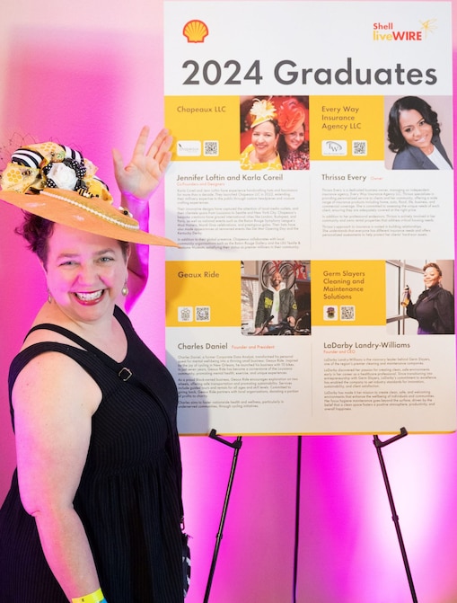 women standing next to poster