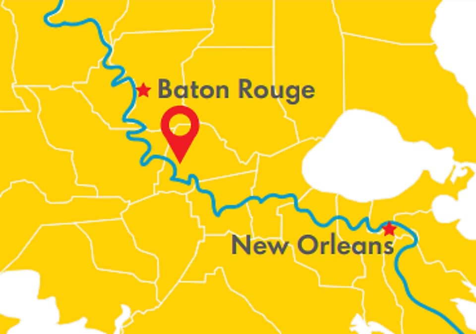 A map showing the position of the Geismar plant in Louisiana, between Baton Rouge and New Orleans.