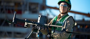 Woman carrying a large drone