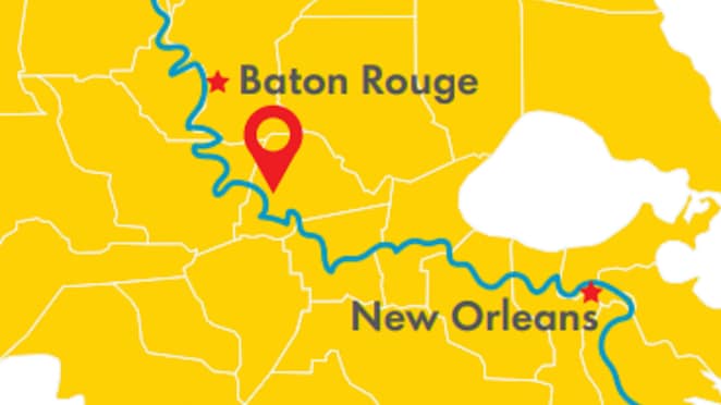 A map showing the position of the Geismar plant in Louisiana, between Baton Rouge and New Orleans.