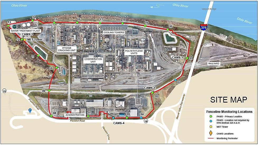 Map of Monaca Refinery monitoring sites.