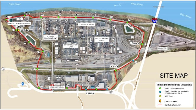 Map of Monaca Refinery monitoring sites.