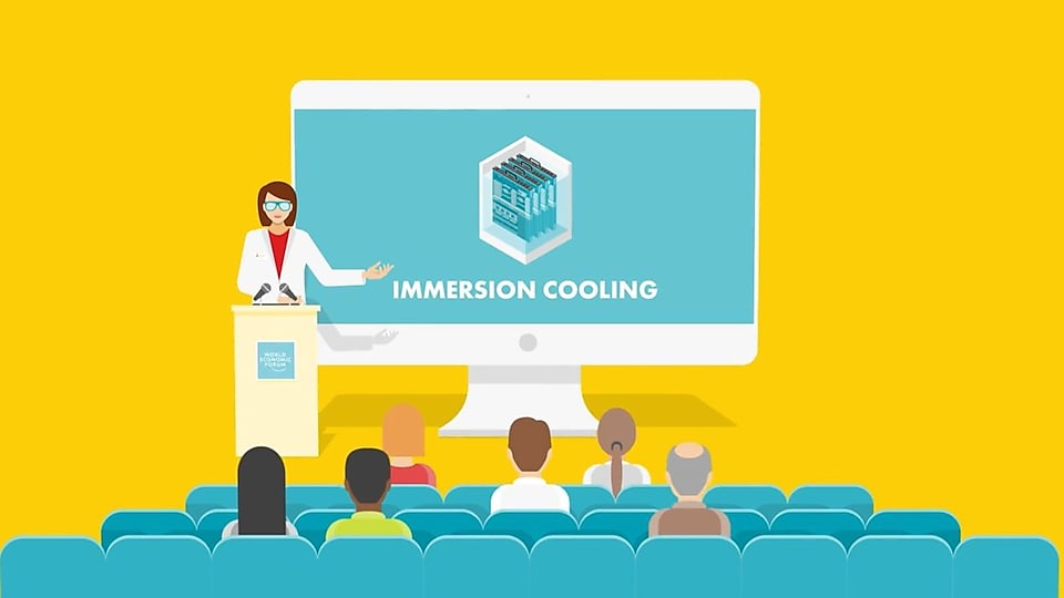 Animated image of a woman presenting Immersion cooling and how it works