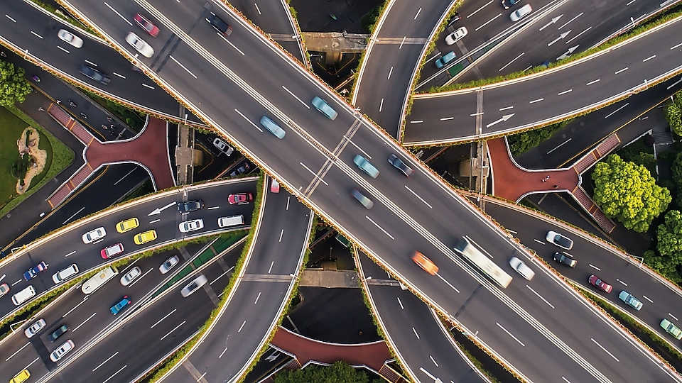 An overhead view of a highway exchange