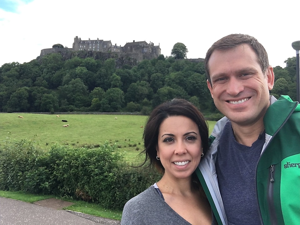 Elena and her husband at the Stirling Castle in Scotland.