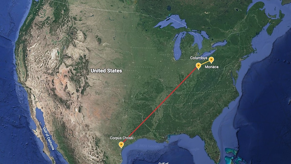 A map of the united states showing the relative distance from Columbus Ohio to Monaca Pennsylvania or Corpus Christi Texas.