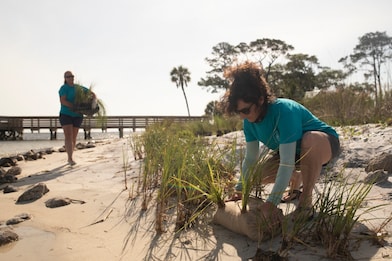 A woman plantind a seed on the beach.