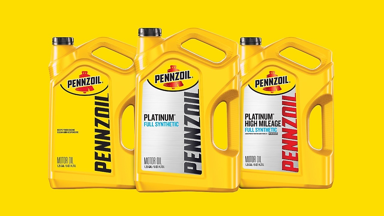 Lineup of Shell Pennzoil motor oil bottles designed for ultimate engine performance.