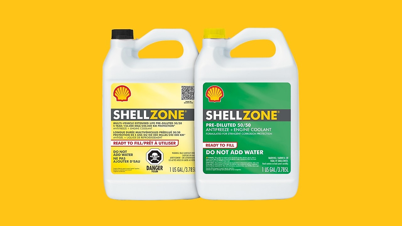 Lineup of the ShellZone coolant and antifreeze bottle developed to prevent corrosion and temperature extremes of engine coolant.