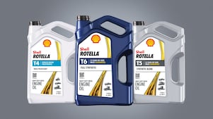 Lineup of Shell Rotella motor oil bottles built on the Triple Protection legacy of performance.