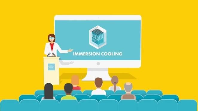 Animated image of a woman presenting Immersion cooling and how it works