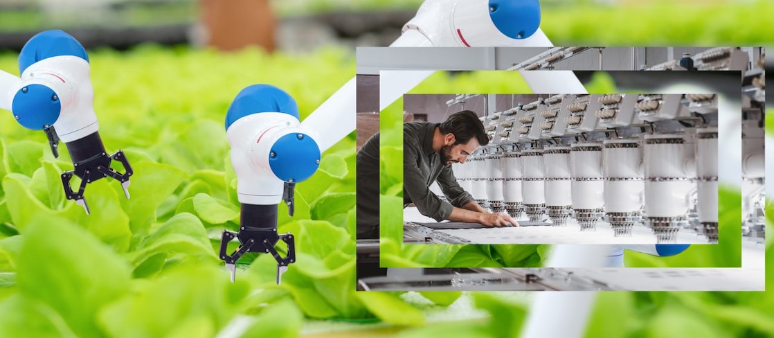 Man working on robotics in a factory