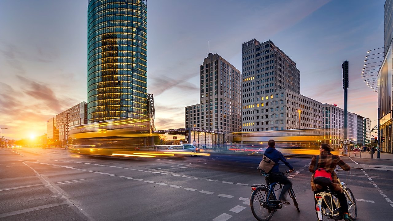 Bikers in a futuristic city