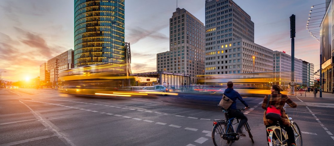 Bikers in a futuristic city