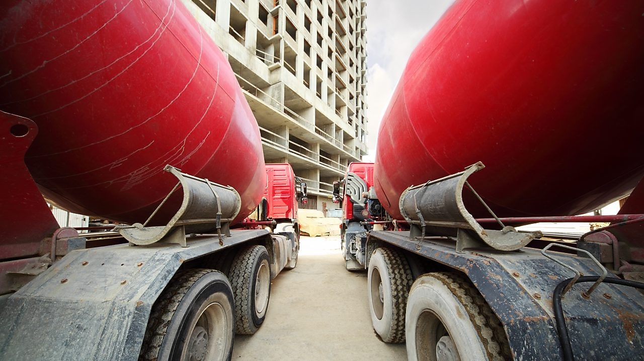 Concrete trucks at a construction site