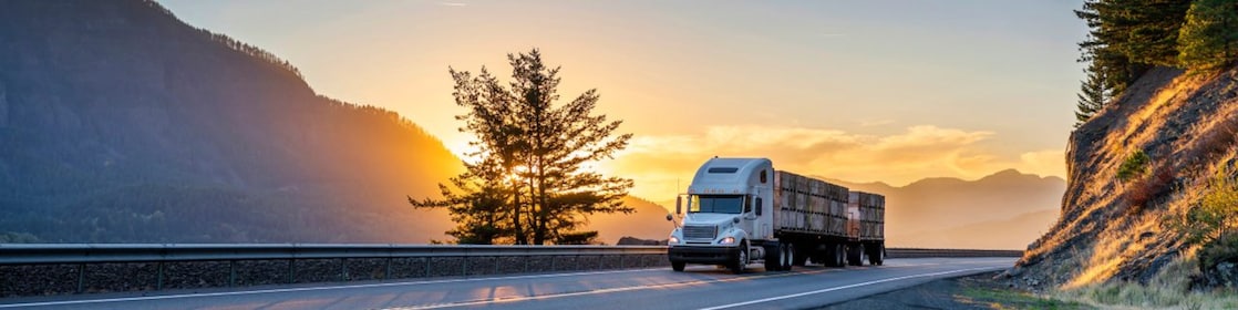 Truck driving on road at sunset