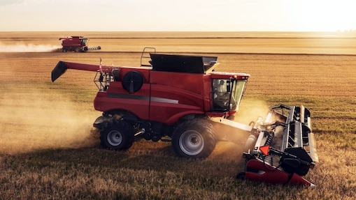 Combine harvester in field