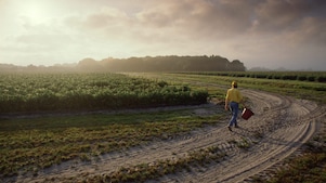 person walking through ploughed field