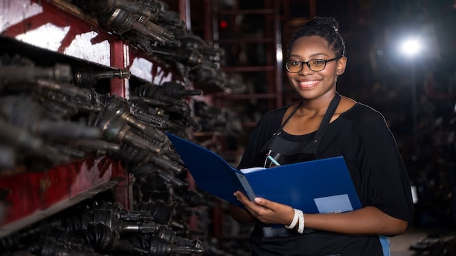 woman boss reviewing parts manual