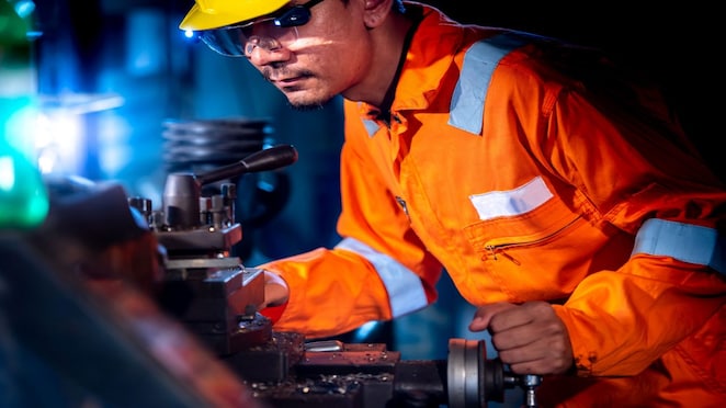 man in a facility performing maintenance on equipment