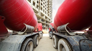 Concrete trucks at a construction site