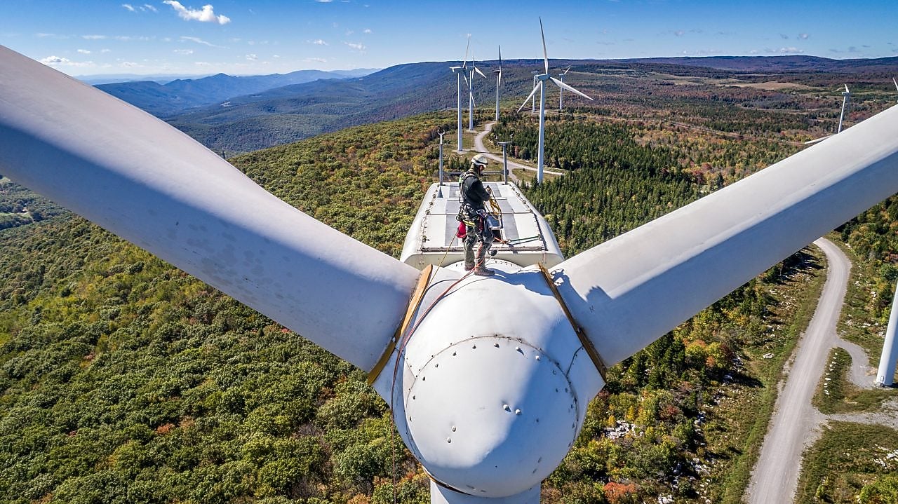 A maintenance crew member working at height at Mount Storm Wind Turbine.