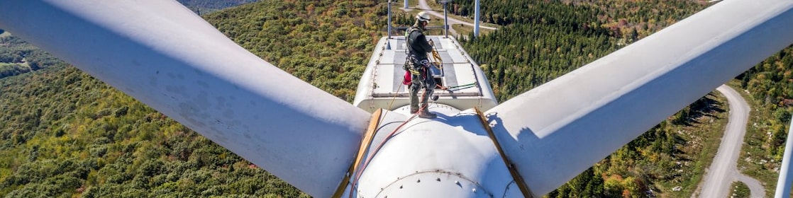 A maintenance crew member working at height at Mount Storm Wind Turbine.