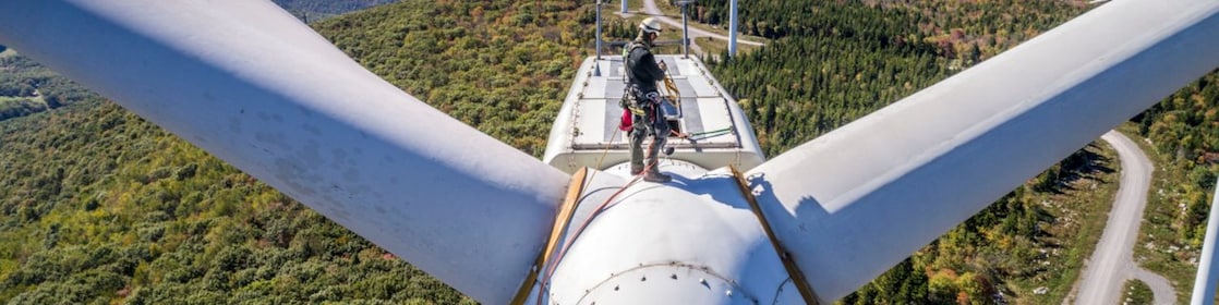 A maintenance crew member working at height at Mount Storm Wind Turbine.