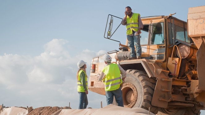 Shell workers in and around a mining truck