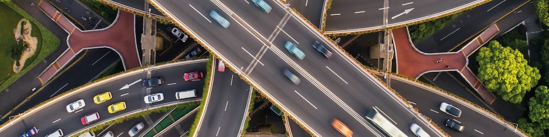An overhead view of a highway exchange