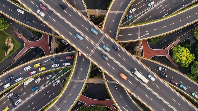 Aireal view of multiple traffic roads