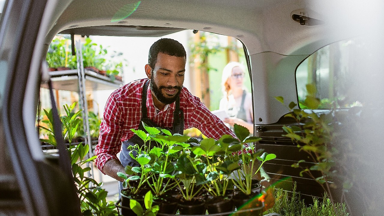 A person in an apron with plants in the back of a van