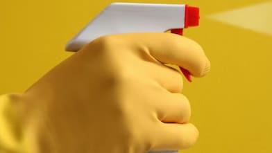 Gloved hand on spray bottle