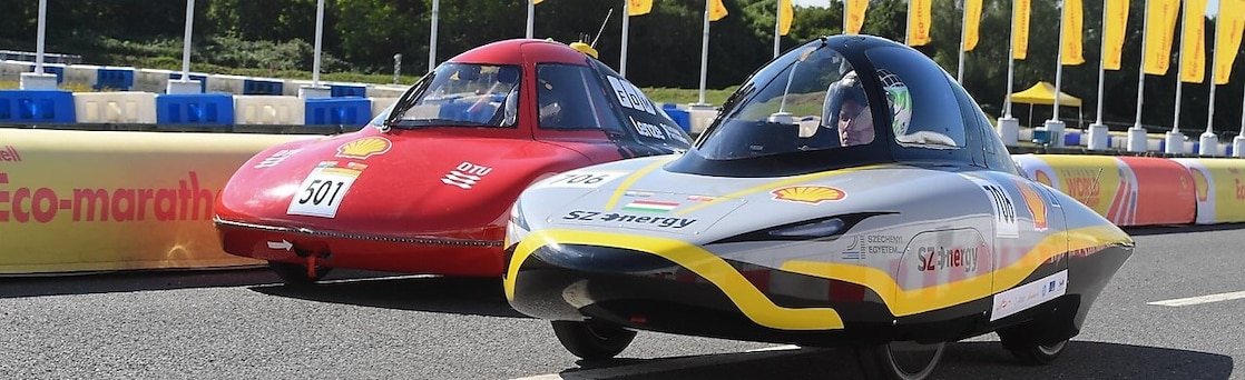 Shell Eco-Marathon cars racing against one another.