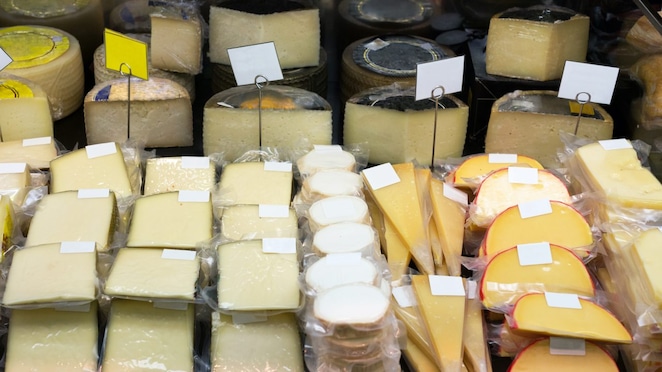 A shelf of bulk cheese using lldpe plastic film wrap