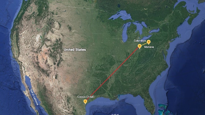 A map of the united states showing the relative distance from Columbus Ohio to Monaca Pennsylvania or Corpus Christi Texas.